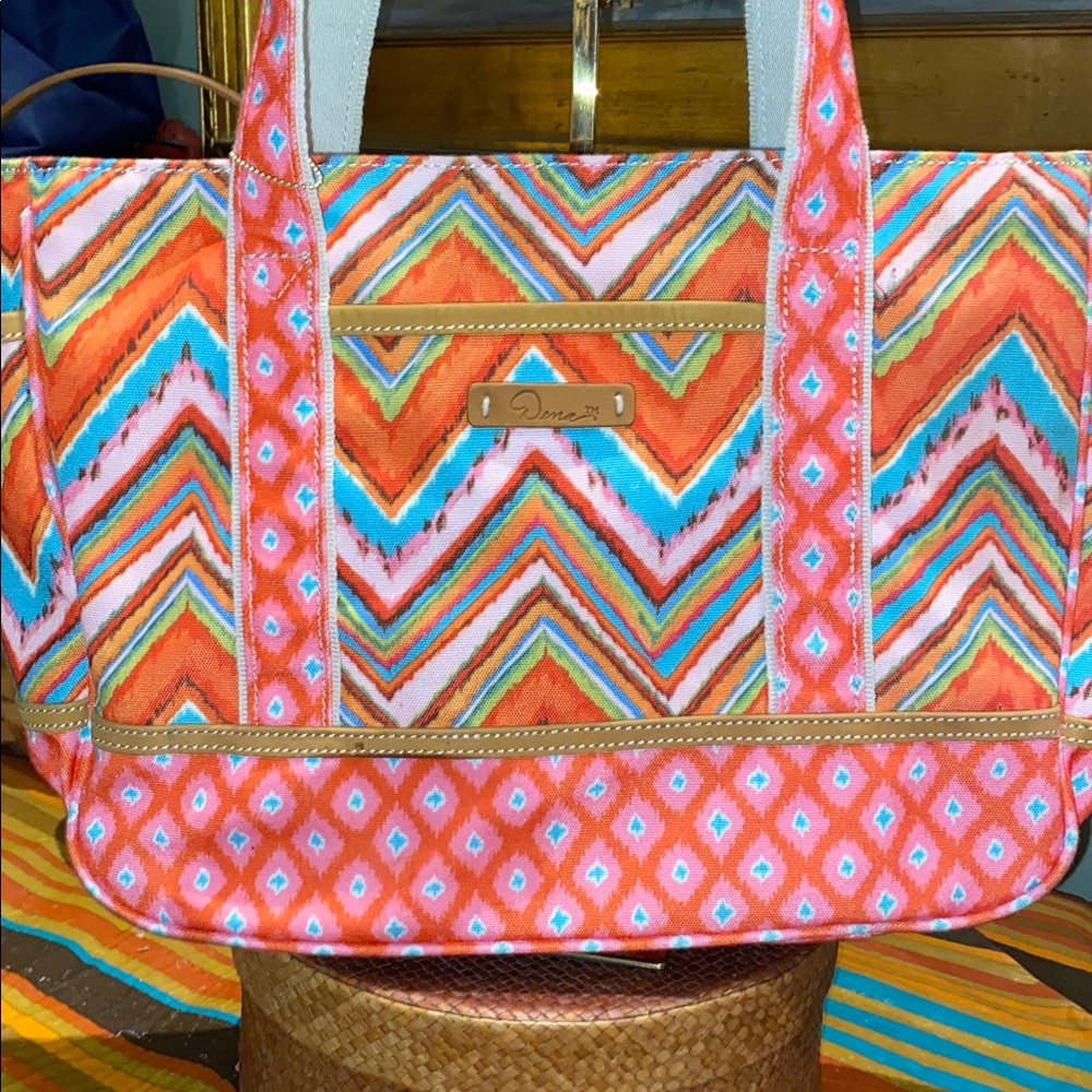 Dena Canvas Tote Shoulder Bag - Chevron and Diamond Patterns - Large